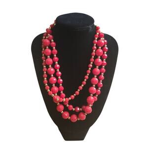 Red Plastic Bead Necklace Multi-Strand Layered Gold Tone Spacer Bib Statement